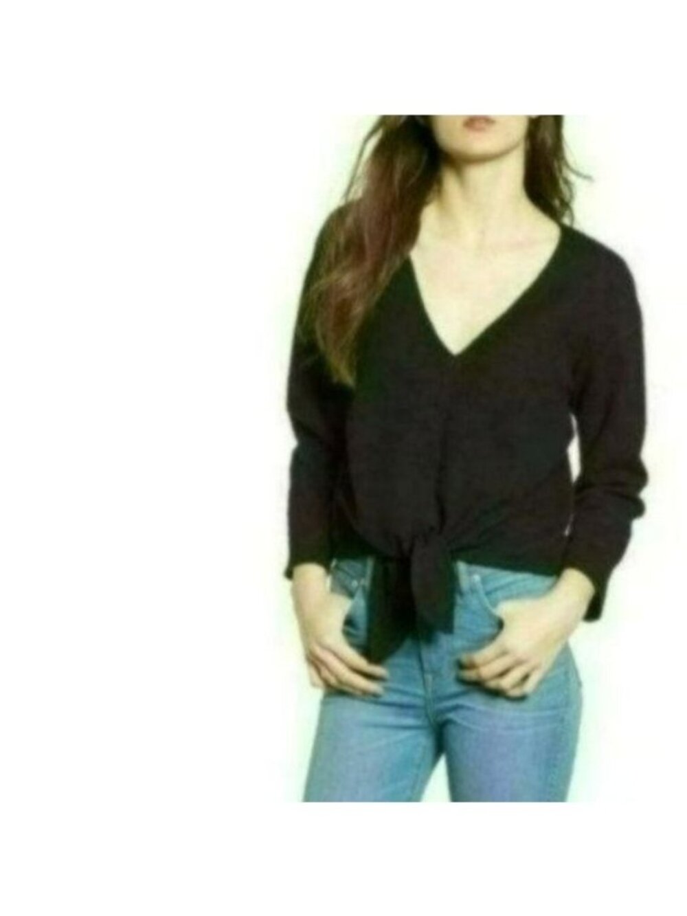Madewell Women's XS Black Textured V-Neck 3/4 Sleeve Tie Hem Blouse